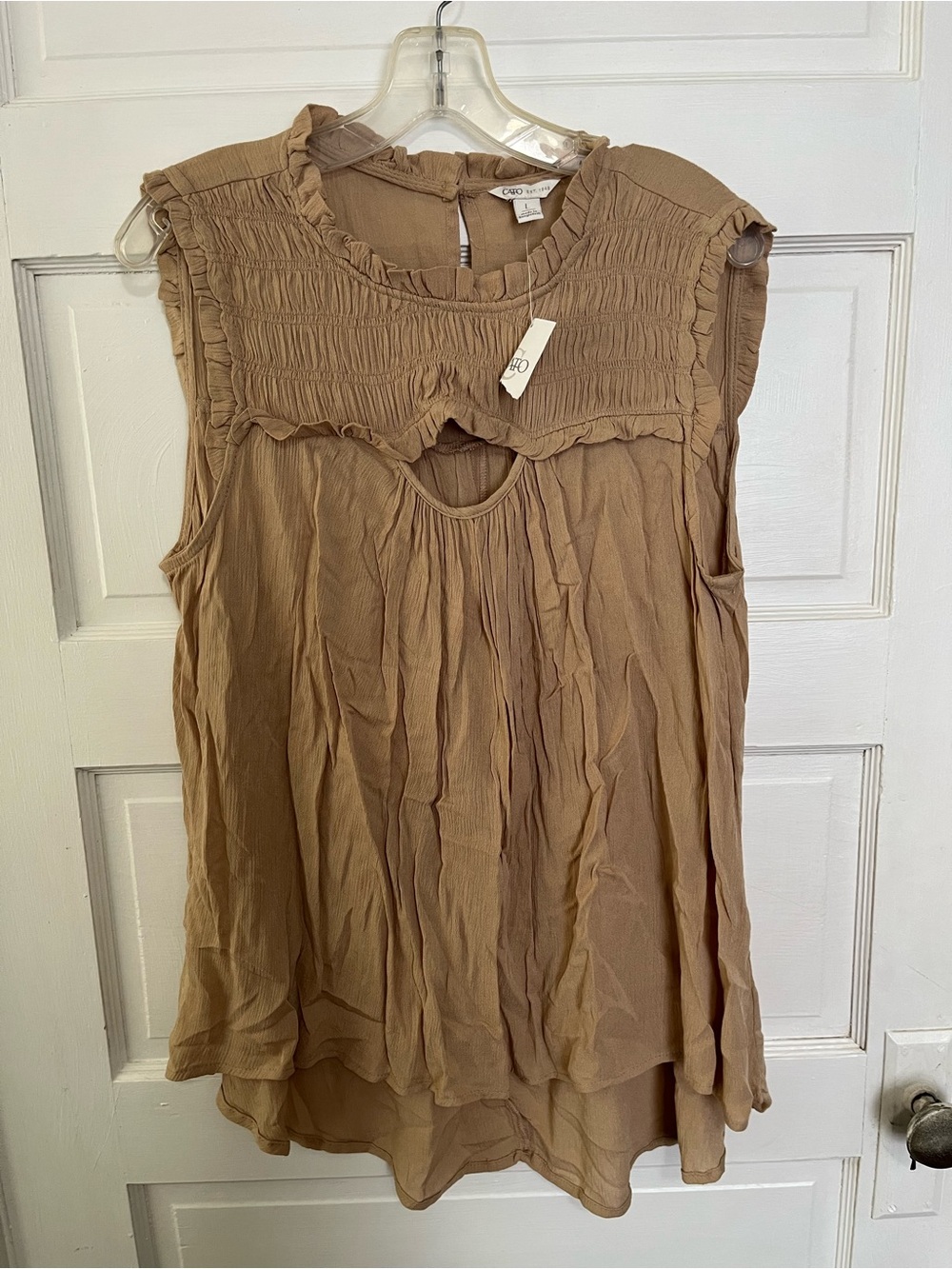 Cato Sleeveless Ruffle Yoke Women's Top in Taupe L
